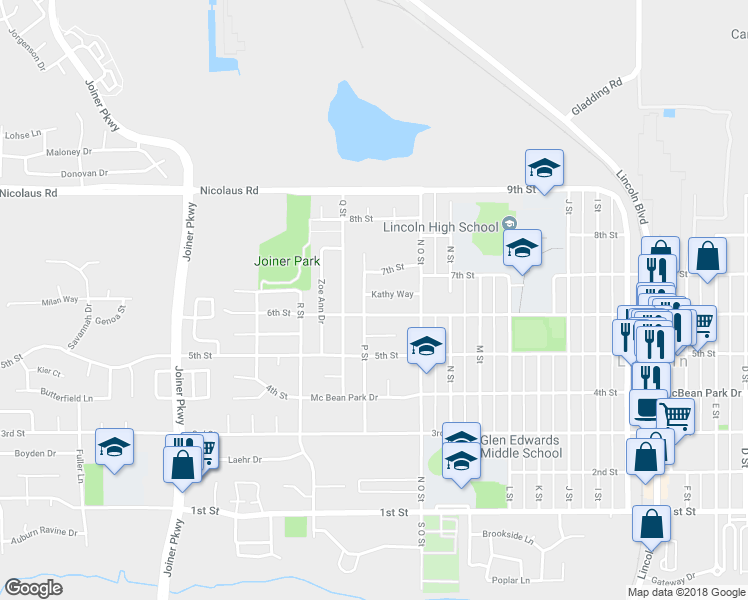 map of restaurants, bars, coffee shops, grocery stores, and more near 1517 Kathy Way in Lincoln