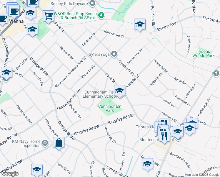 map of restaurants, bars, coffee shops, grocery stores, and more near 925 Circle Drive Southeast in Vienna