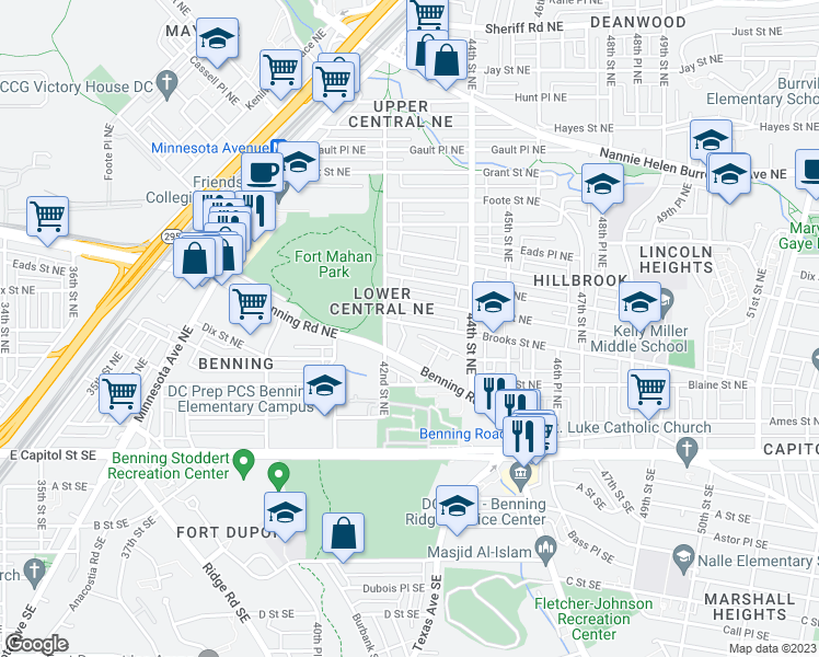 map of restaurants, bars, coffee shops, grocery stores, and more near 4213 Brooks Street Northeast in Washington