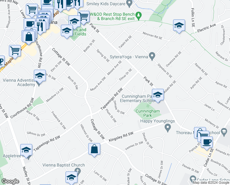 map of restaurants, bars, coffee shops, grocery stores, and more near 113 Tapawingo Road Southwest in Vienna