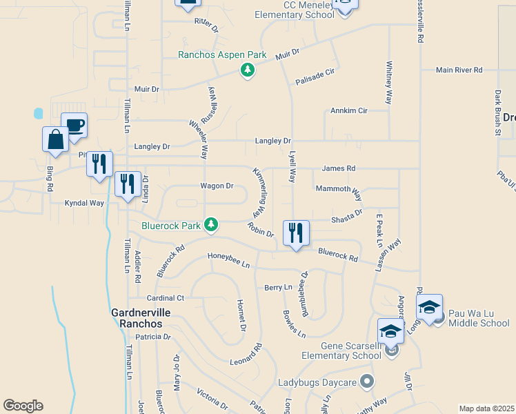map of restaurants, bars, coffee shops, grocery stores, and more near 818 Wagon Drive in Gardnerville