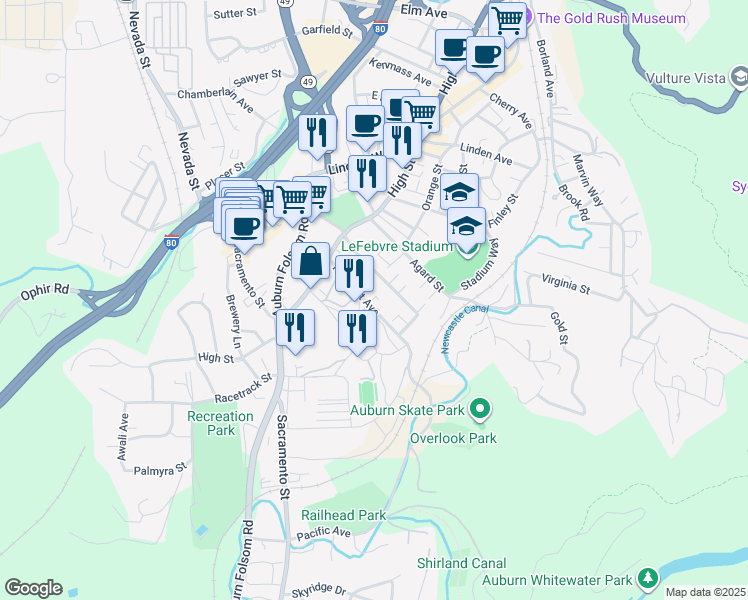 map of restaurants, bars, coffee shops, grocery stores, and more near 163 Pleasant Avenue in Auburn