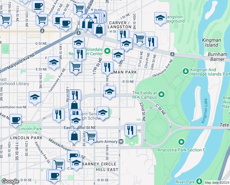 map of restaurants, bars, coffee shops, grocery stores, and more near 101 Independence Avenue Southeast in Washington