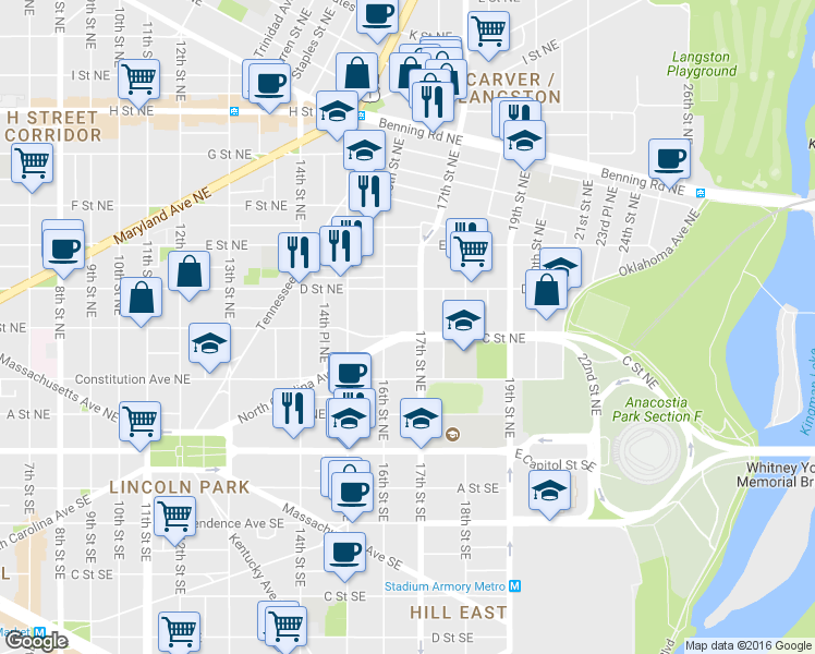 map of restaurants, bars, coffee shops, grocery stores, and more near 101 Independence Avenue Southeast in Washington