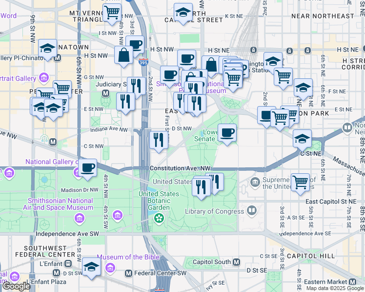 map of restaurants, bars, coffee shops, grocery stores, and more near 101 Independence Avenue Southeast in Washington
