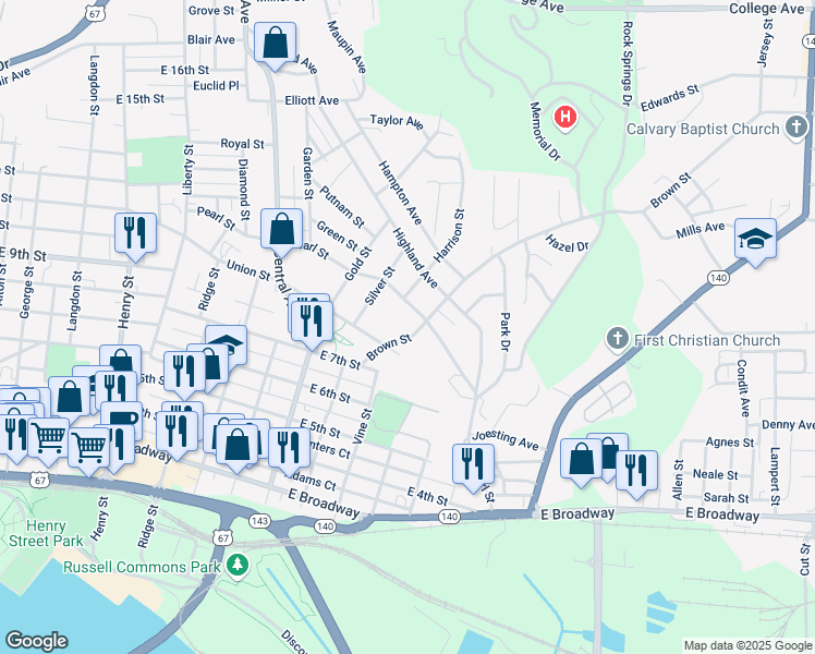 map of restaurants, bars, coffee shops, grocery stores, and more near 826 Brown Street in Alton