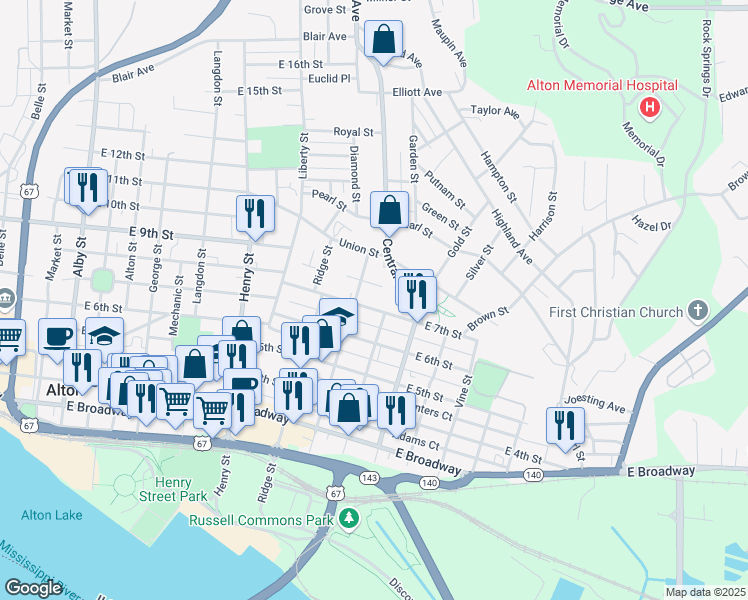 map of restaurants, bars, coffee shops, grocery stores, and more near 920 East 7th Street in Alton