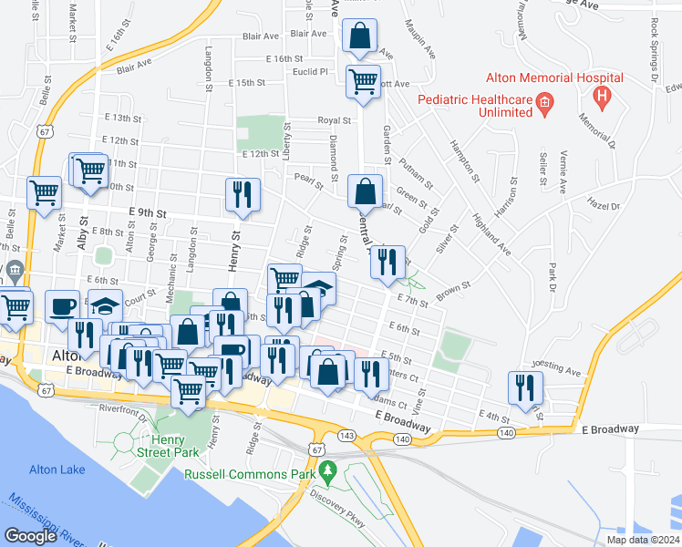 map of restaurants, bars, coffee shops, grocery stores, and more near 920 East 7th Street in Alton