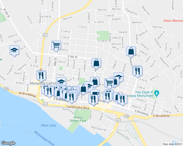 map of restaurants, bars, coffee shops, grocery stores, and more near 628 Henry Street in Alton