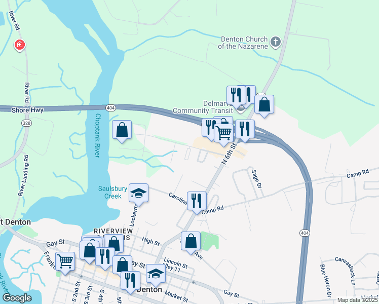 map of restaurants, bars, coffee shops, grocery stores, and more near 512 Fleetwood Road in Denton