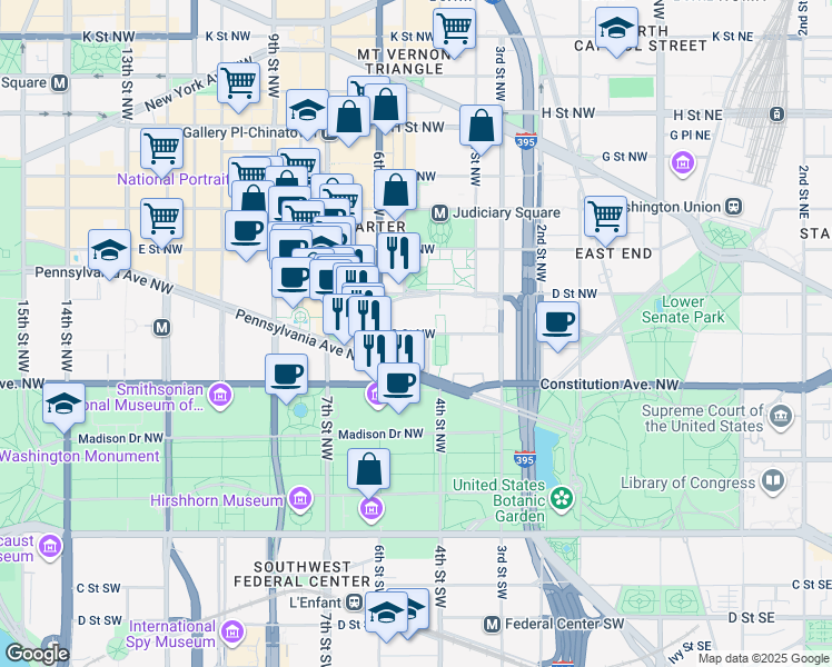 map of restaurants, bars, coffee shops, grocery stores, and more near 501 C Street Northwest in Washington