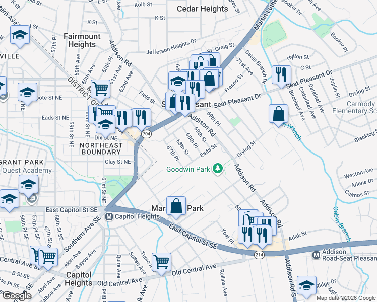 map of restaurants, bars, coffee shops, grocery stores, and more near 511 68th Street in Capitol Heights