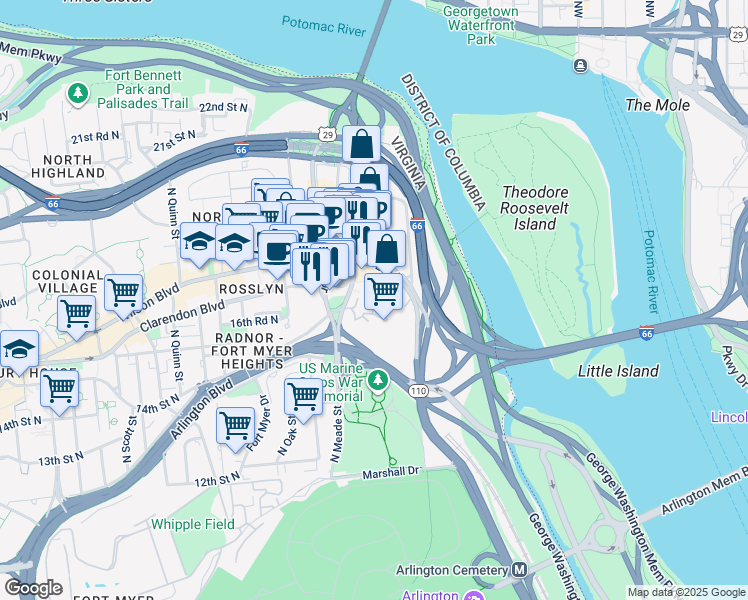 map of restaurants, bars, coffee shops, grocery stores, and more near 1121 Arlington Boulevard in Arlington