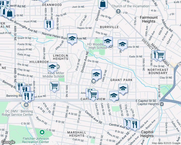 map of restaurants, bars, coffee shops, grocery stores, and more near 5230 Clay Street Northeast in Washington