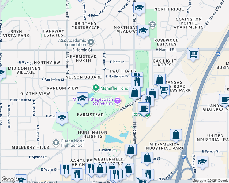 map of restaurants, bars, coffee shops, grocery stores, and more near 1139 East Johnston Street in Olathe