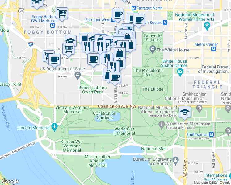 map of restaurants, bars, coffee shops, grocery stores, and more near 311 18th Street Northwest in Washington