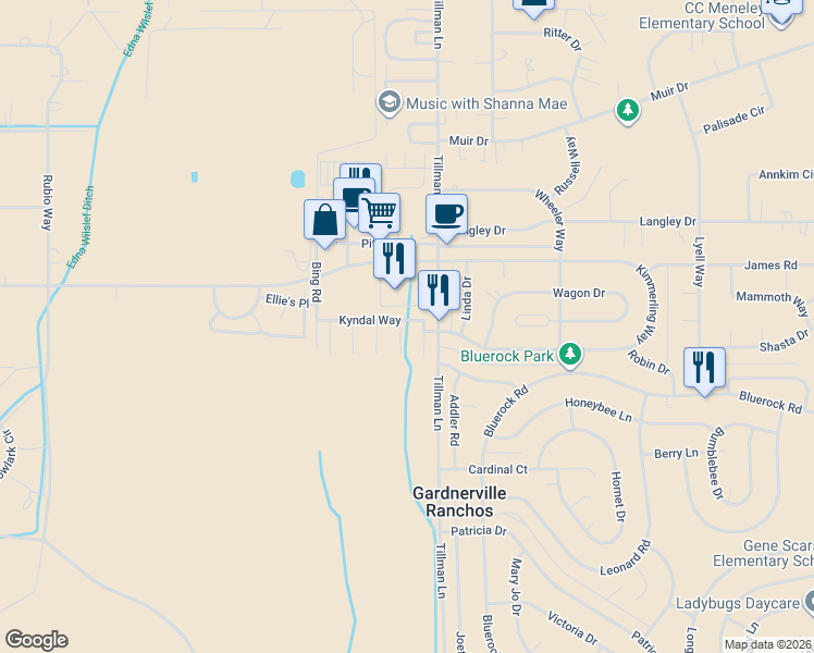 map of restaurants, bars, coffee shops, grocery stores, and more near 767 Morning Sun Court in Gardnerville