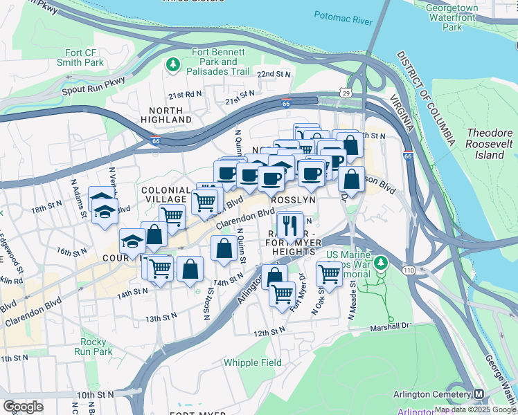 map of restaurants, bars, coffee shops, grocery stores, and more near 1601 Clarendon Boulevard in Arlington