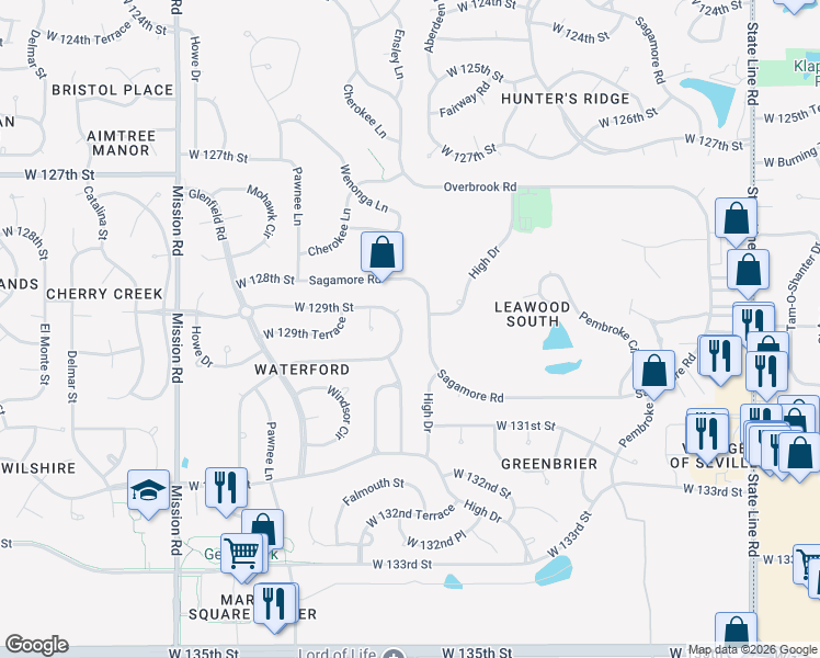 map of restaurants, bars, coffee shops, grocery stores, and more near 12913 Canterbury Road in Leawood