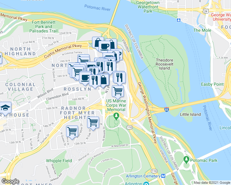 map of restaurants, bars, coffee shops, grocery stores, and more near 1121 Arlington Boulevard in Arlington