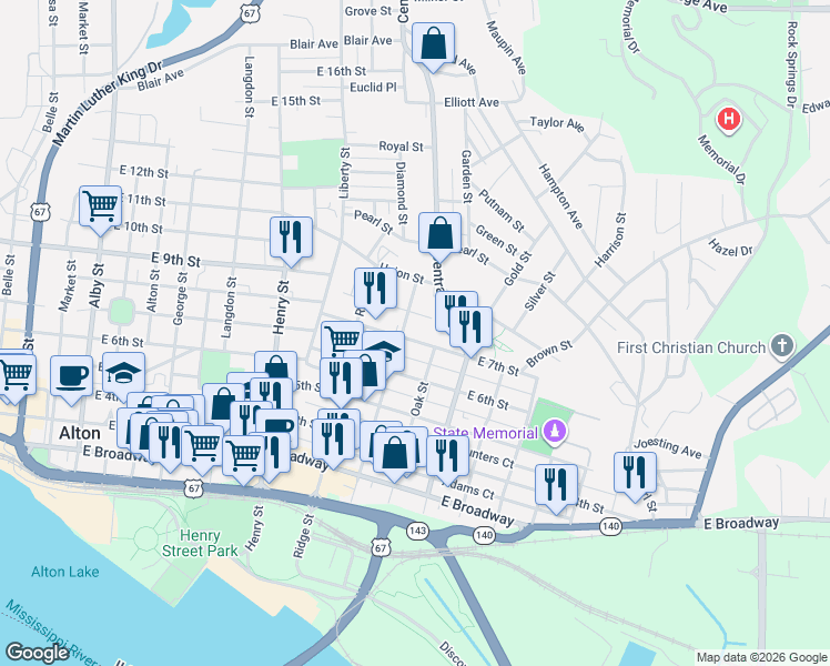 map of restaurants, bars, coffee shops, grocery stores, and more near 920 East 7th Street in Alton