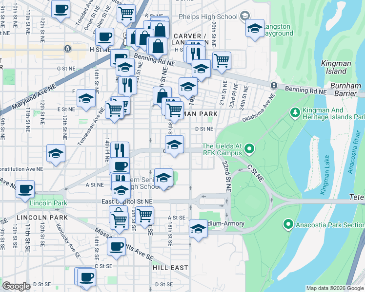 map of restaurants, bars, coffee shops, grocery stores, and more near 1822 C Street Northeast in Washington