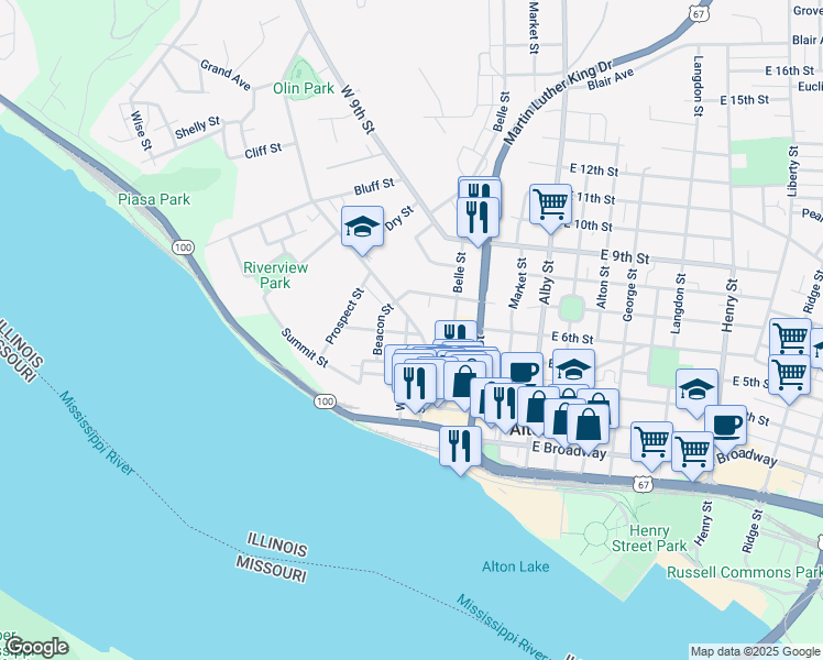 map of restaurants, bars, coffee shops, grocery stores, and more near 600 State Street in Alton