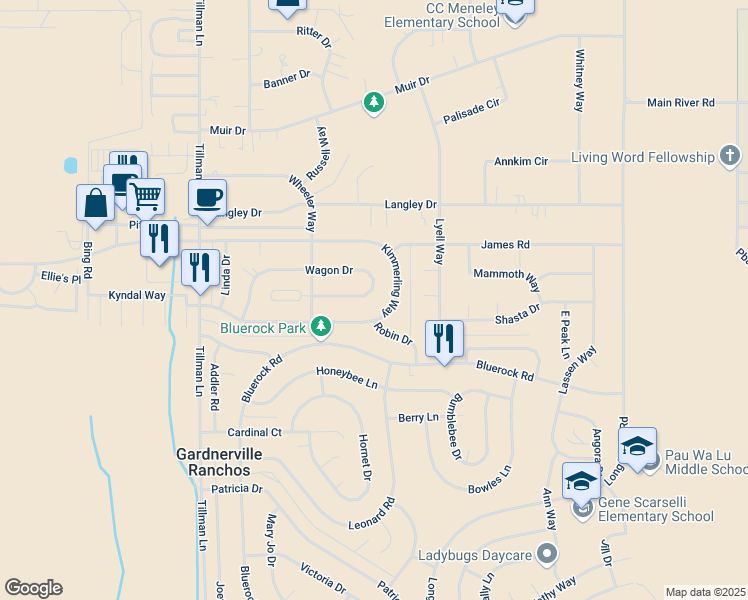 map of restaurants, bars, coffee shops, grocery stores, and more near 818 Wagon Drive in Gardnerville