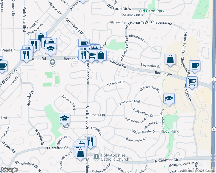 map of restaurants, bars, coffee shops, grocery stores, and more near 4945 North Splitrail Drive in Colorado Springs