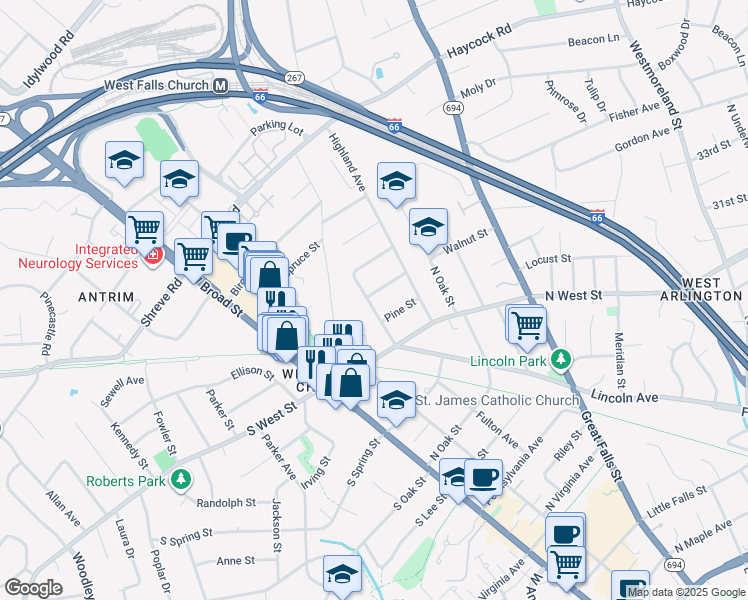 map of restaurants, bars, coffee shops, grocery stores, and more near 1102 Lincoln Avenue in Falls Church