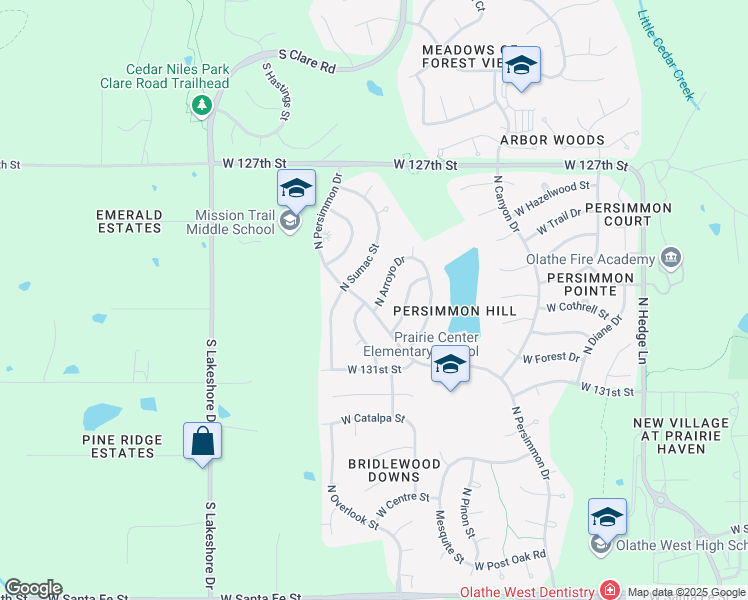 map of restaurants, bars, coffee shops, grocery stores, and more near 740 North Persimmon Drive in Olathe