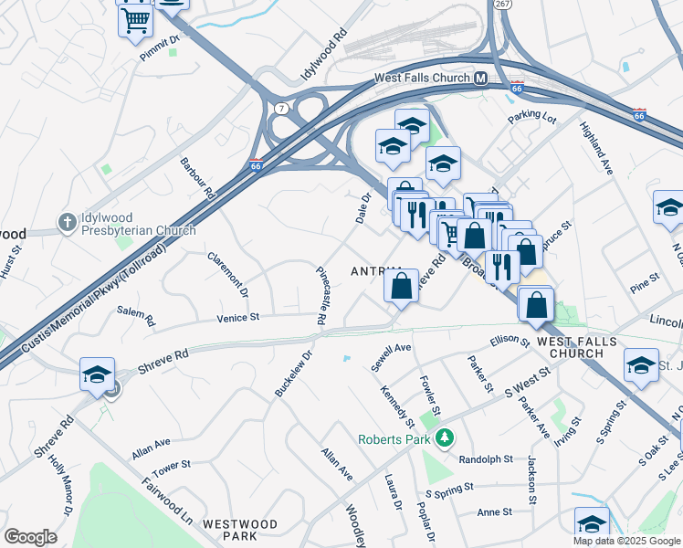 map of restaurants, bars, coffee shops, grocery stores, and more near 7210 Deerfield Court in Falls Church