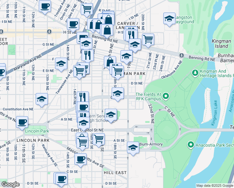 map of restaurants, bars, coffee shops, grocery stores, and more near 101 Independence Avenue Southeast in Washington