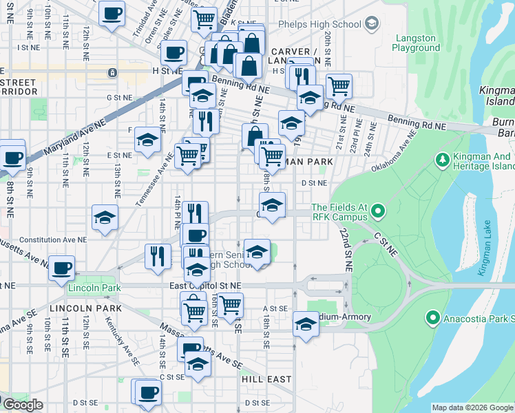 map of restaurants, bars, coffee shops, grocery stores, and more near 101 Independence Avenue Southeast in Washington