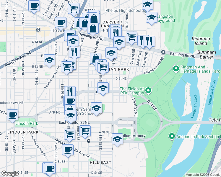 map of restaurants, bars, coffee shops, grocery stores, and more near 302 19th Street Northeast in Washington