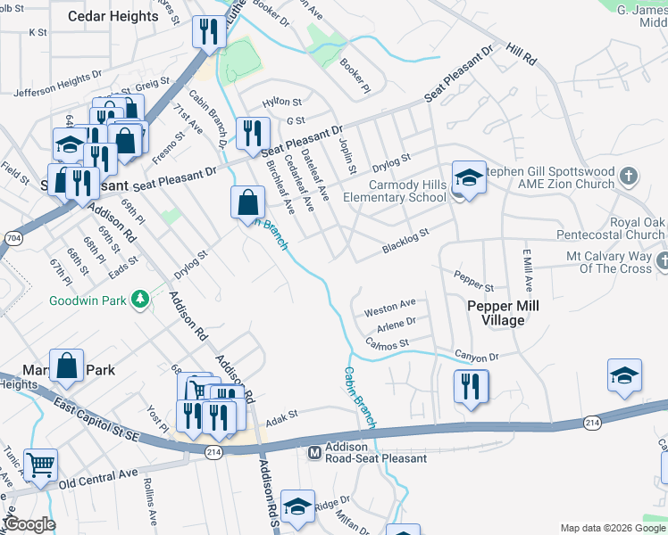 map of restaurants, bars, coffee shops, grocery stores, and more near 6409 Valley Park Road in Capitol Heights