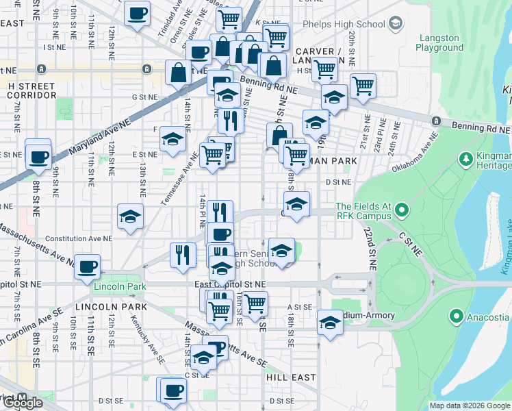 map of restaurants, bars, coffee shops, grocery stores, and more near 1626 C Street Northeast in Washington
