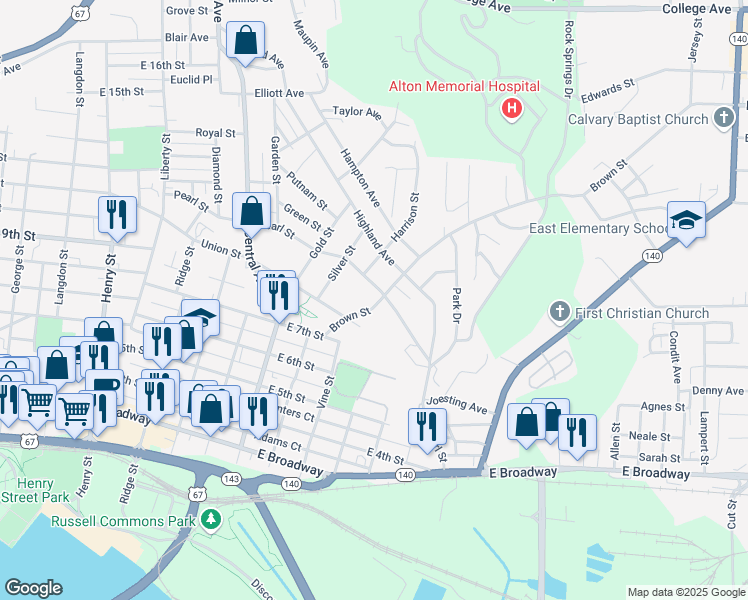 map of restaurants, bars, coffee shops, grocery stores, and more near 826 Brown Street in Alton