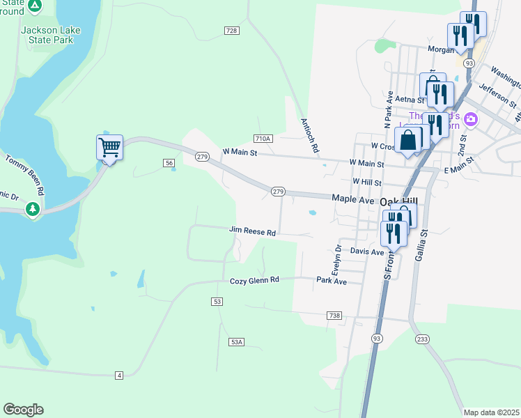 map of restaurants, bars, coffee shops, grocery stores, and more near 11014 Ohio 279 in Oak Hill
