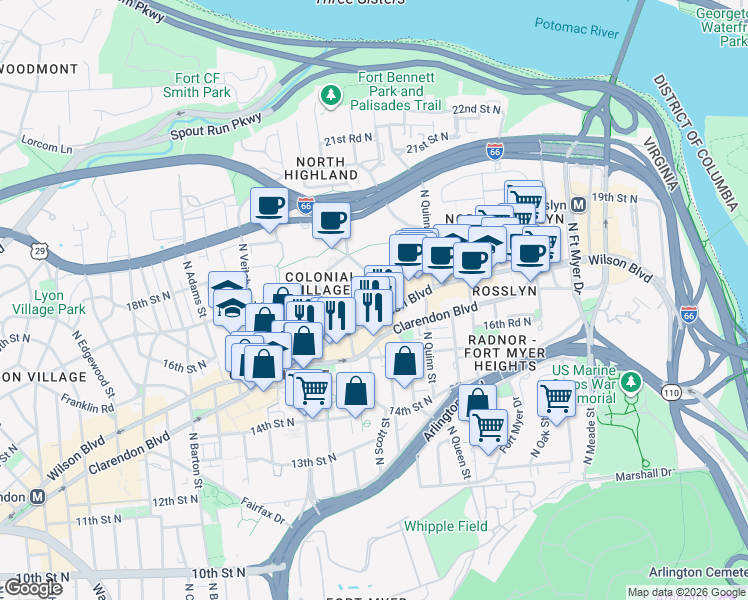map of restaurants, bars, coffee shops, grocery stores, and more near 101 Independence Avenue Southeast in Washington