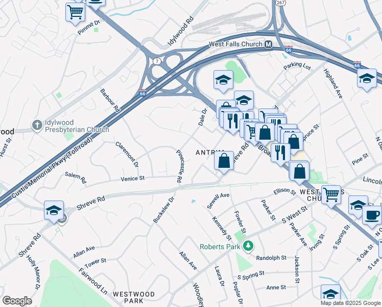 map of restaurants, bars, coffee shops, grocery stores, and more near 7210 Deerfield Court in Falls Church