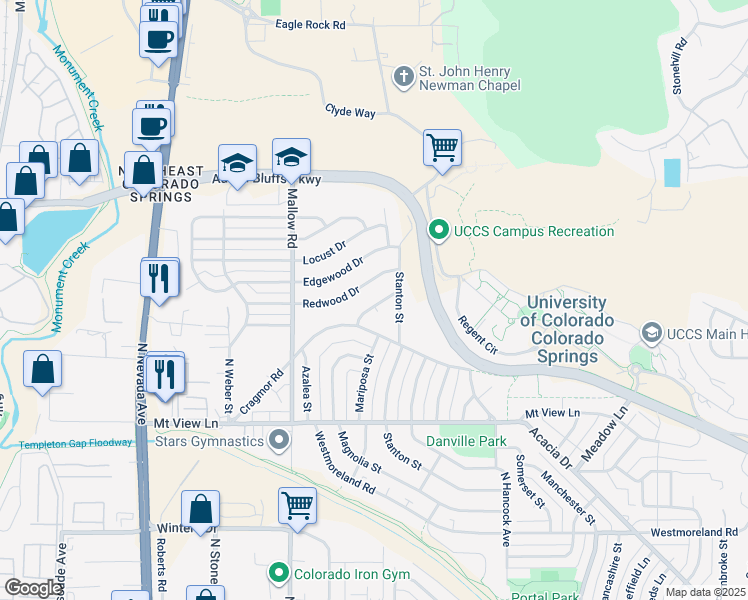 map of restaurants, bars, coffee shops, grocery stores, and more near 4110 Garrett Place in Colorado Springs