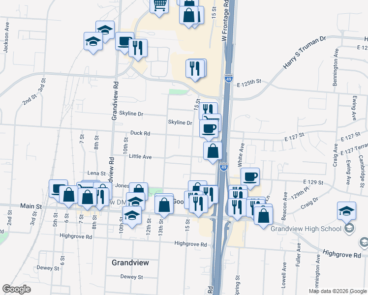map of restaurants, bars, coffee shops, grocery stores, and more near 12709 14th Street in Grandview
