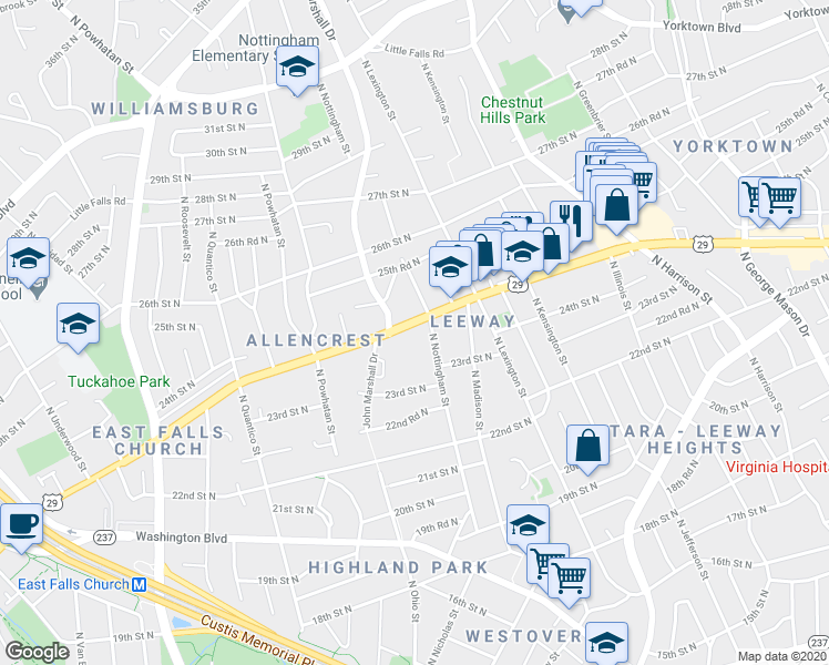 map of restaurants, bars, coffee shops, grocery stores, and more near 6016 Lee Highway in Arlington