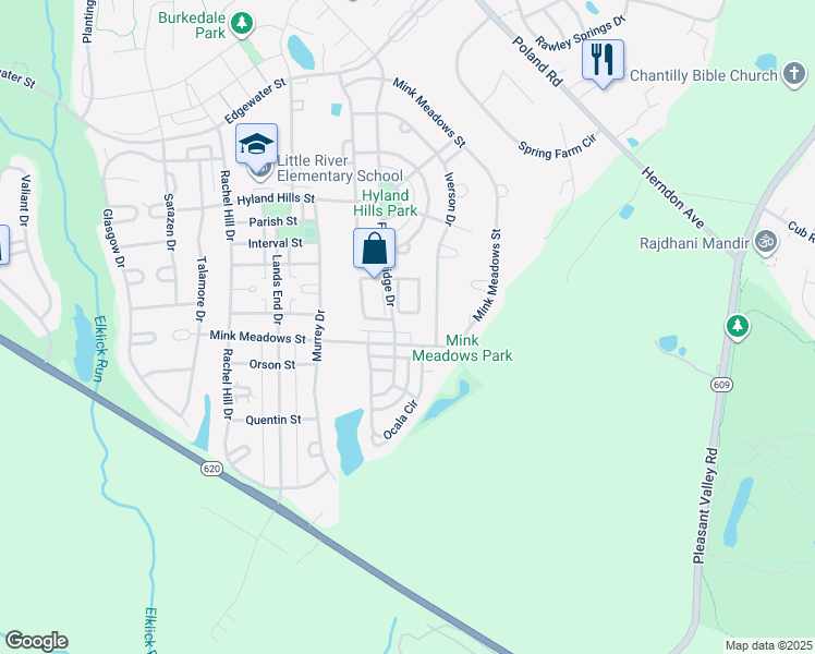 map of restaurants, bars, coffee shops, grocery stores, and more near 43636 Obrien Square in Chantilly