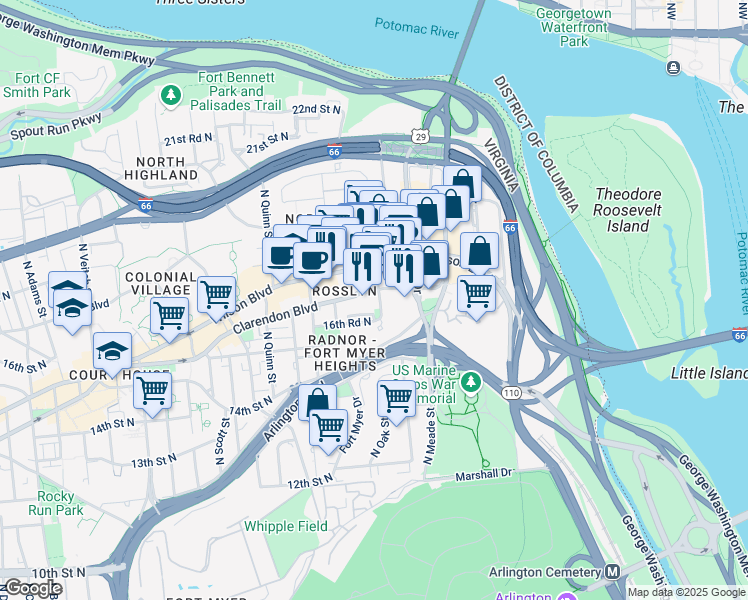 map of restaurants, bars, coffee shops, grocery stores, and more near 1510 Clarendon Boulevard in Arlington