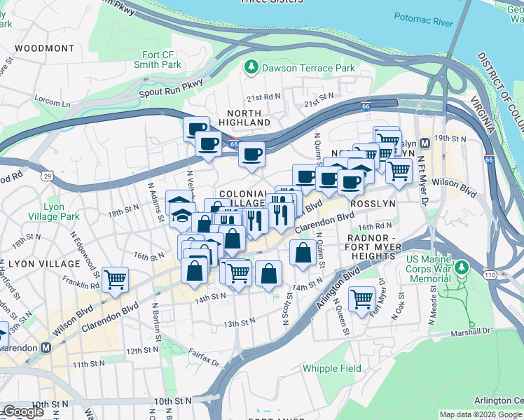 map of restaurants, bars, coffee shops, grocery stores, and more near 101 Independence Avenue Southeast in Washington