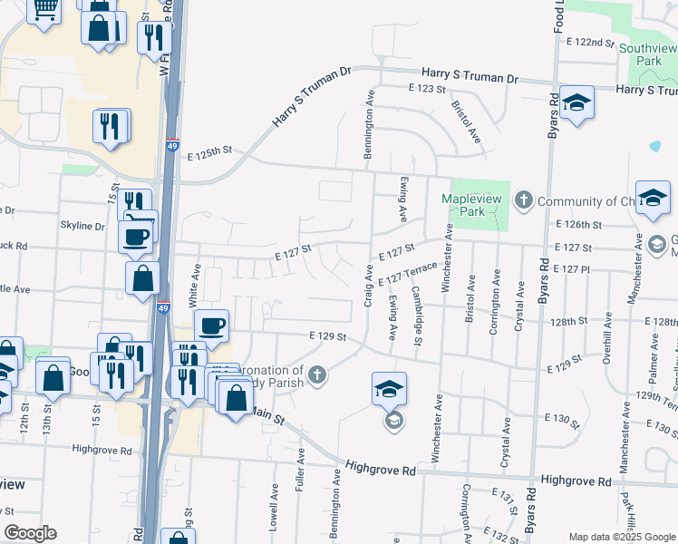 map of restaurants, bars, coffee shops, grocery stores, and more near 12723 Lowell Avenue in Grandview