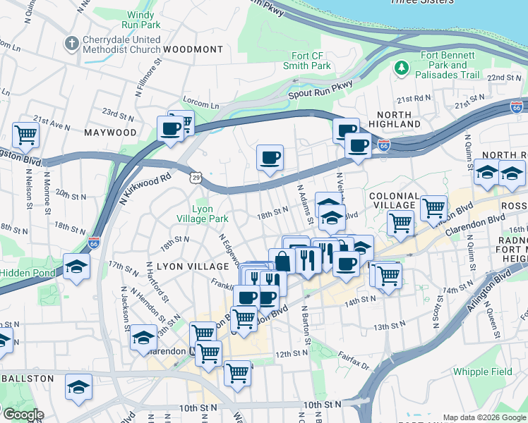 map of restaurants, bars, coffee shops, grocery stores, and more near 2531 18th Street North in Arlington