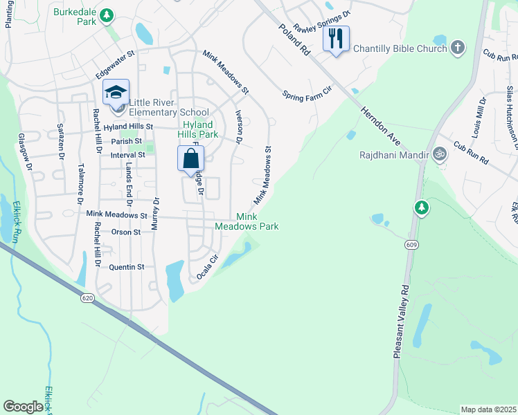 map of restaurants, bars, coffee shops, grocery stores, and more near 43623 Mink Meadows Street in Chantilly